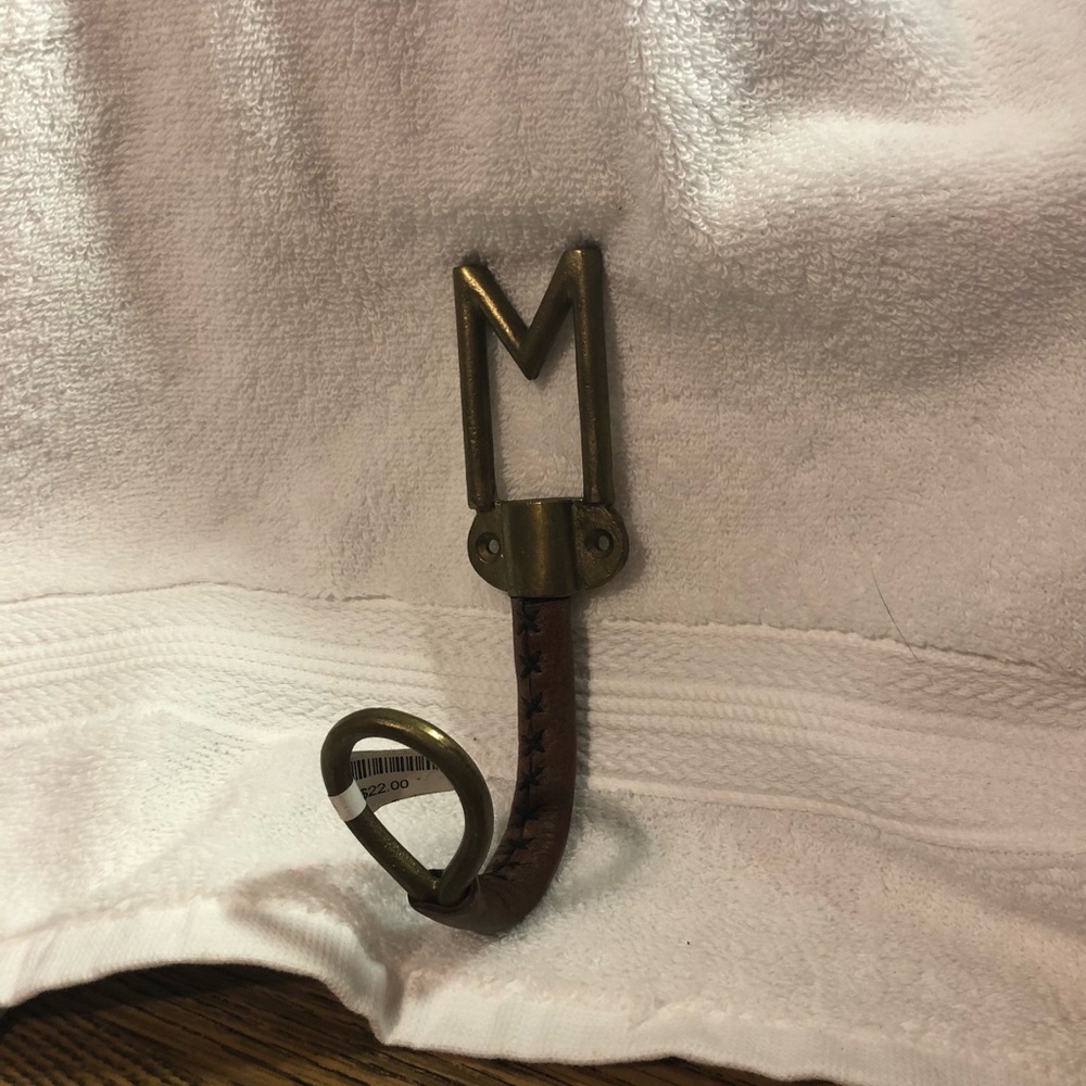 Metal brass monogram M and leather home decor hook